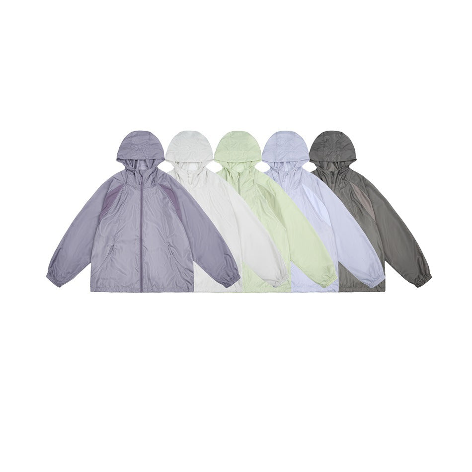 Five hooded zip jackets shown together in gray-purple, white, pale green, lavender, and charcoal.