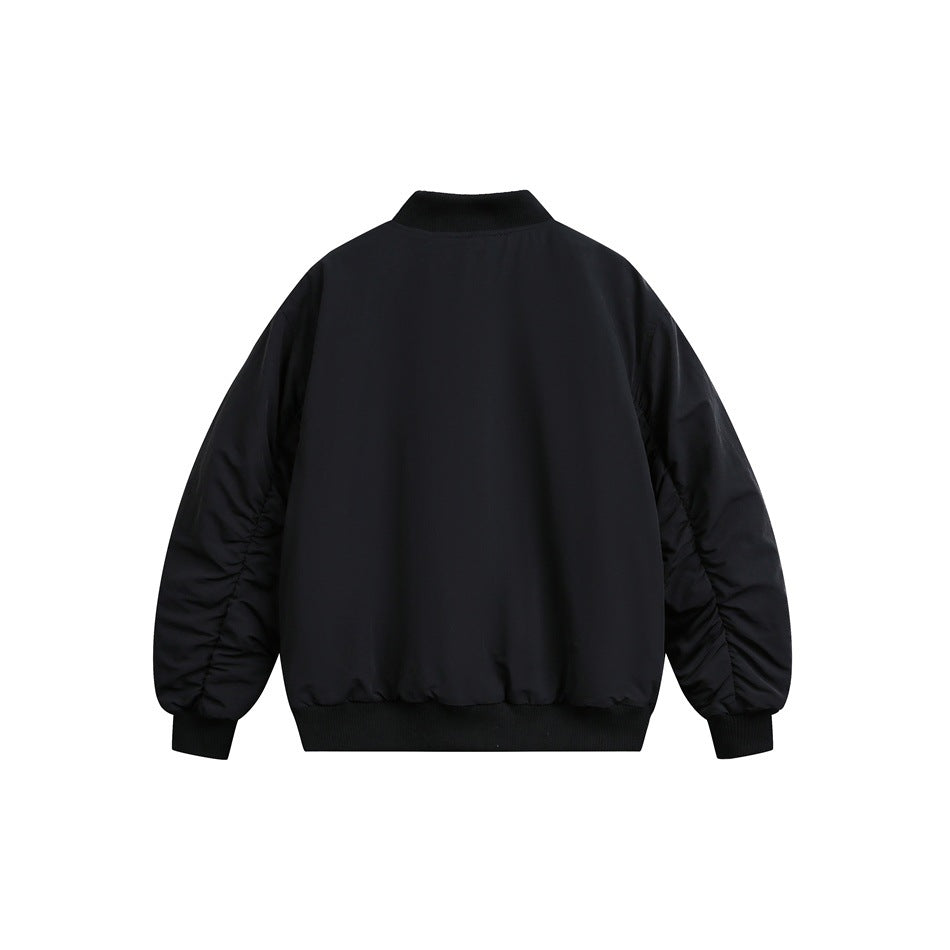 Back view of black bomber jacket with ribbed collar, cuffs and hem and ruched sleeves