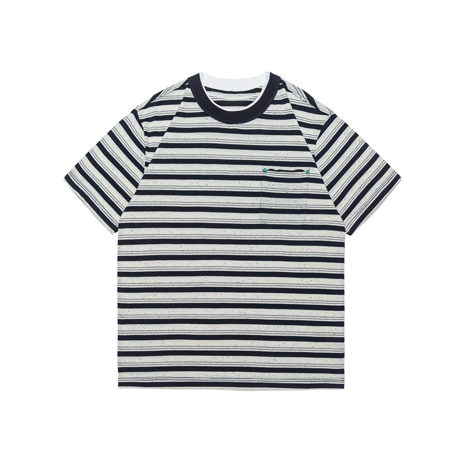 Navy and white striped short-sleeve crew-neck T-shirt with chest pocket and turquoise studs, flat front view