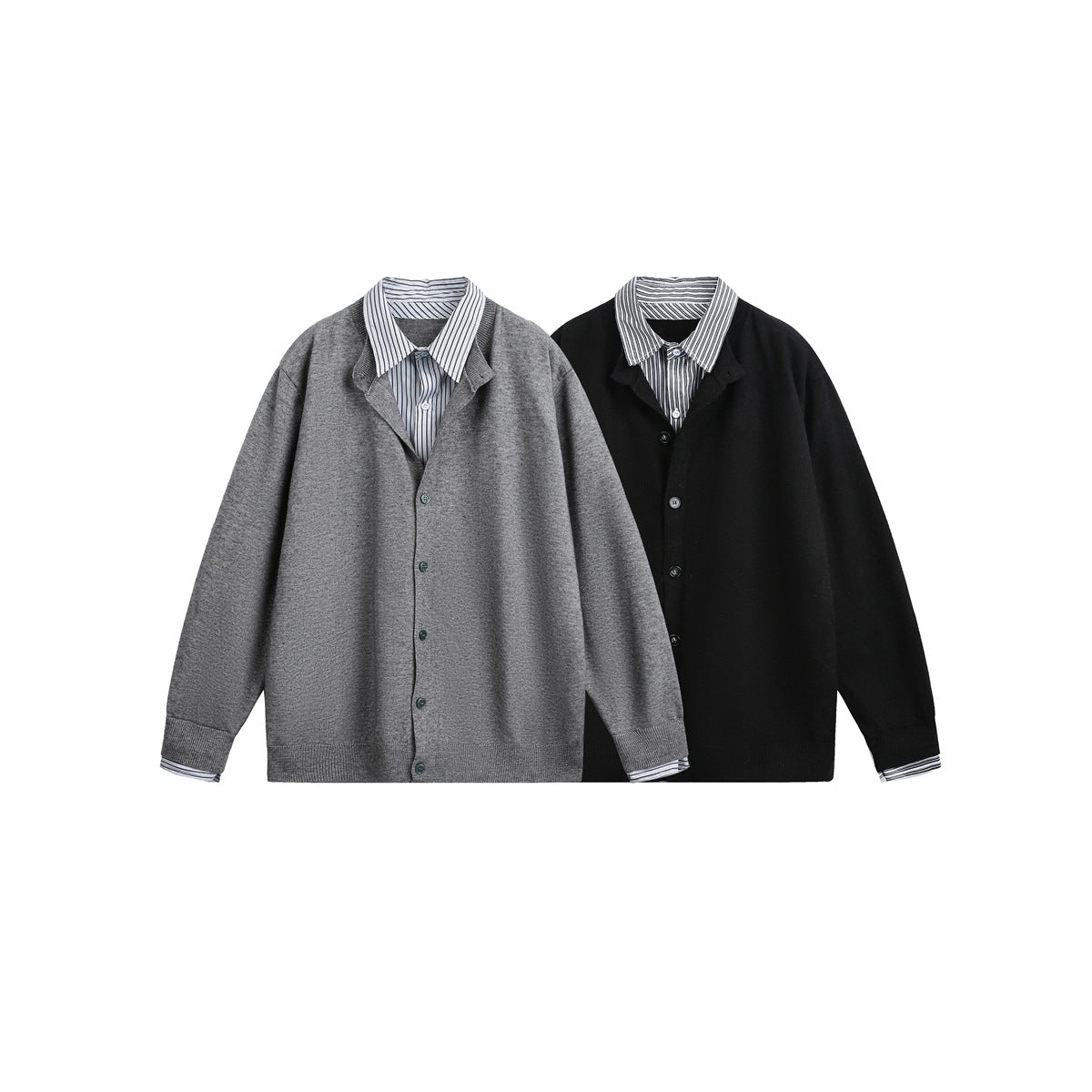 Gray and black button-front cardigans displayed side by side, each with striped shirt details at the collar and cuffs.