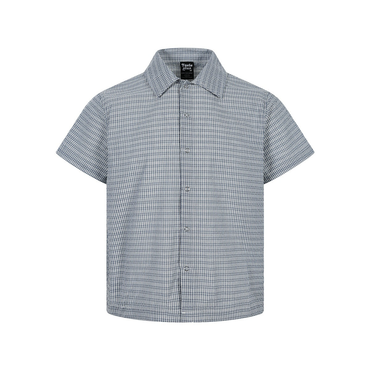 Light blue-gray plaid short-sleeve collared shirt with front buttons, flat front view on white background
