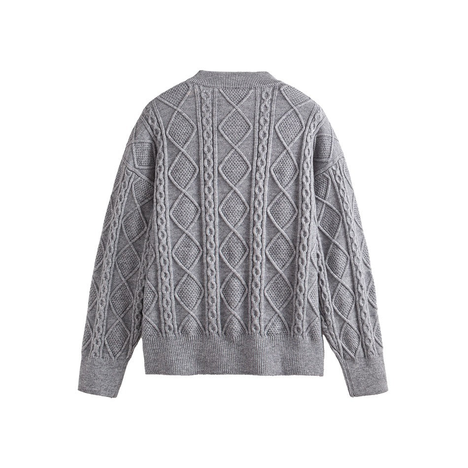 Back view of a gray cable-knit sweater with diamond patterns and ribbed collar, cuffs, and hem.