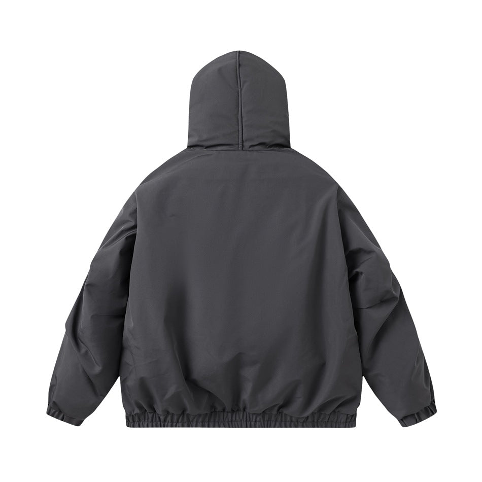 Back view of a charcoal hooded jacket with long sleeves and an elastic hem, shown against a white background.