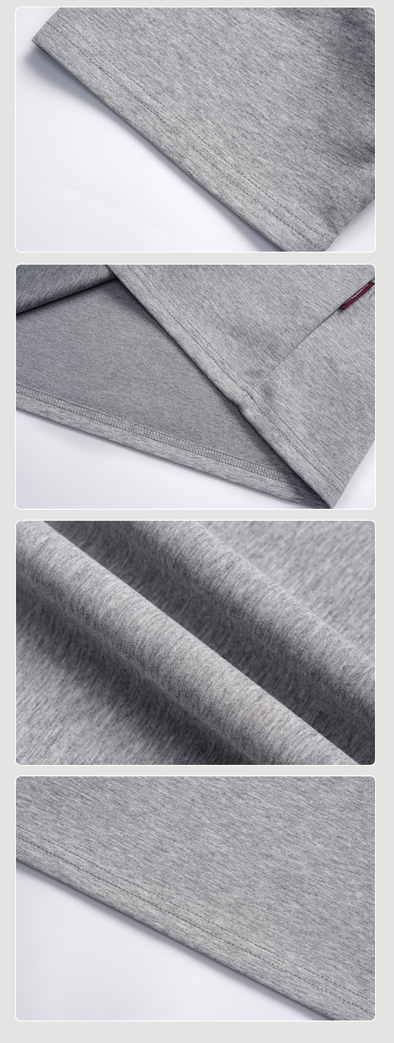 Collage of close-ups showing the heather-gray shirt's sleeve and hem stitching and knit texture.