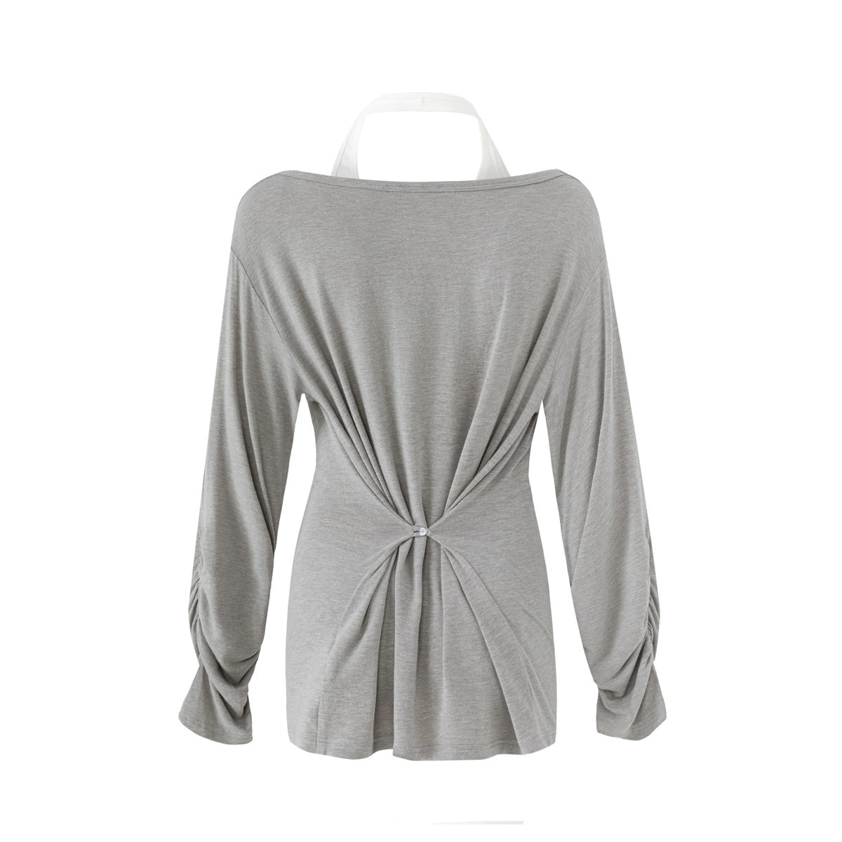 Back view of a light gray long-sleeve top gathered into a twist at the lower back, with wide draped sleeves.