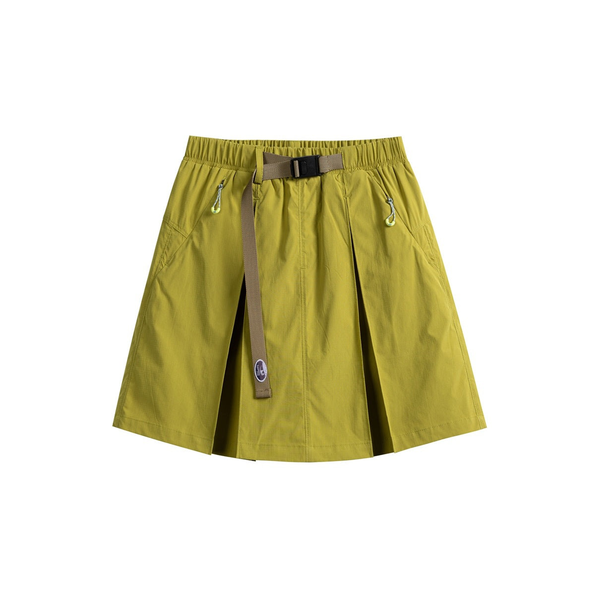 Chartreuse yellow-green pleated mini skirt with elastic waist, tan belt with black buckle and zip pockets