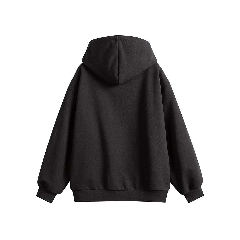 Back view of a black hooded sweatshirt with a plain body, hood, long sleeves, and ribbed hem and cuffs.