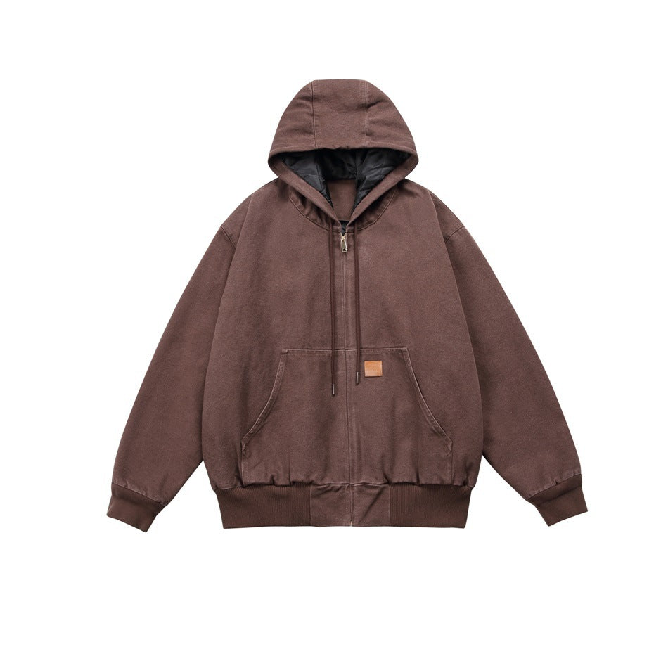 Front view of a brown zip-up hooded jacket with drawstrings, front pockets, and ribbed cuffs and hem.