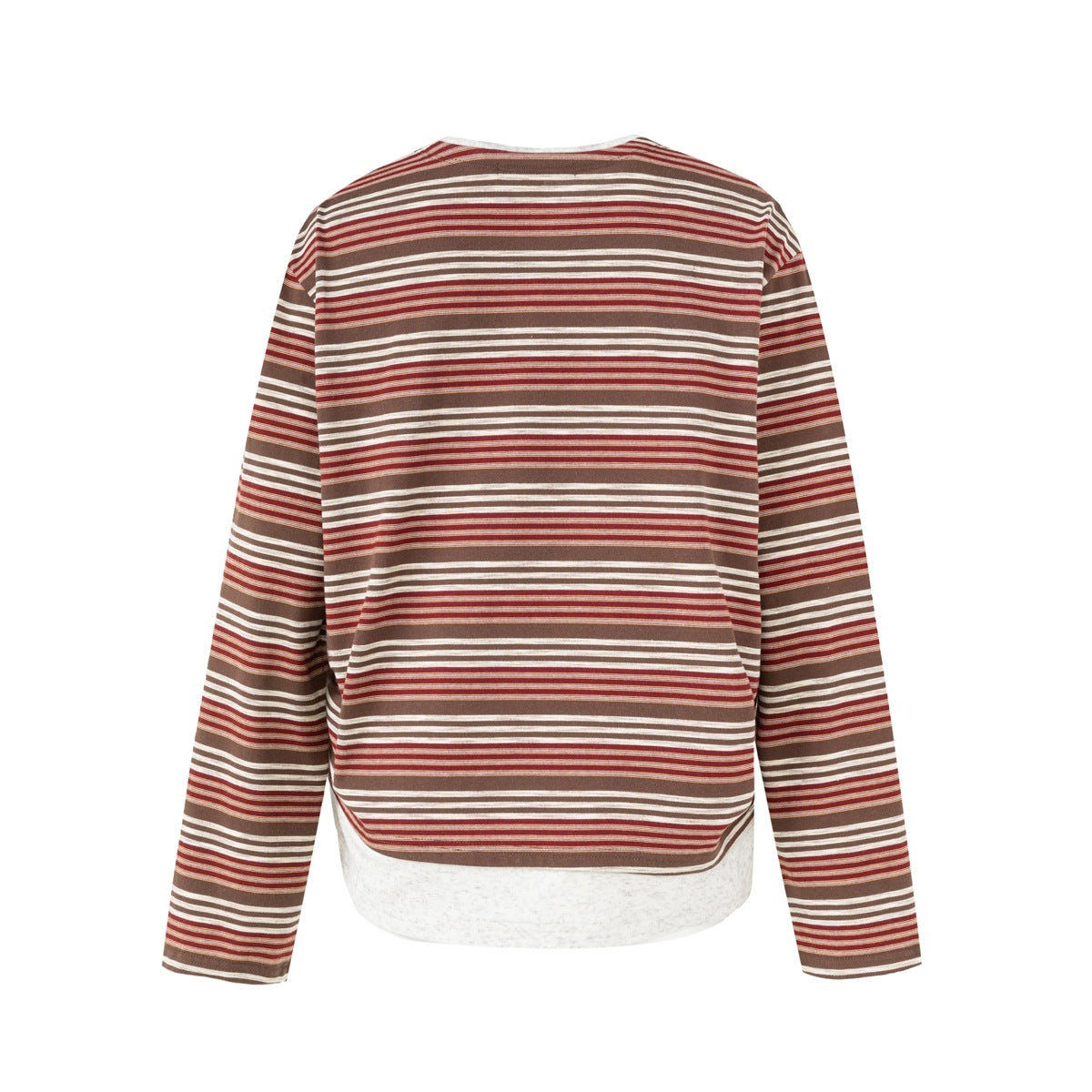 Back view of a long-sleeve top with brown, rust, and cream horizontal stripes and a contrasting gray layer at the hem.