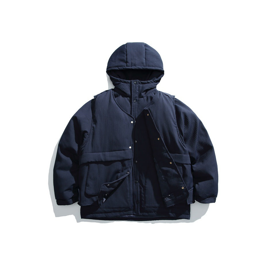 Navy blue hooded padded jacket flat lay with ribbed texture, snap front and large flap pockets