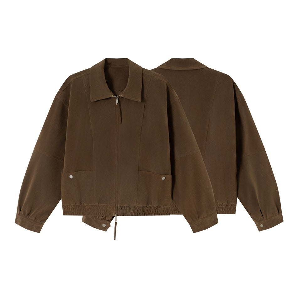 Brown zip-front jacket shown from the front and back, with a pointed collar, roomy sleeves, snap cuffs, and front pockets.