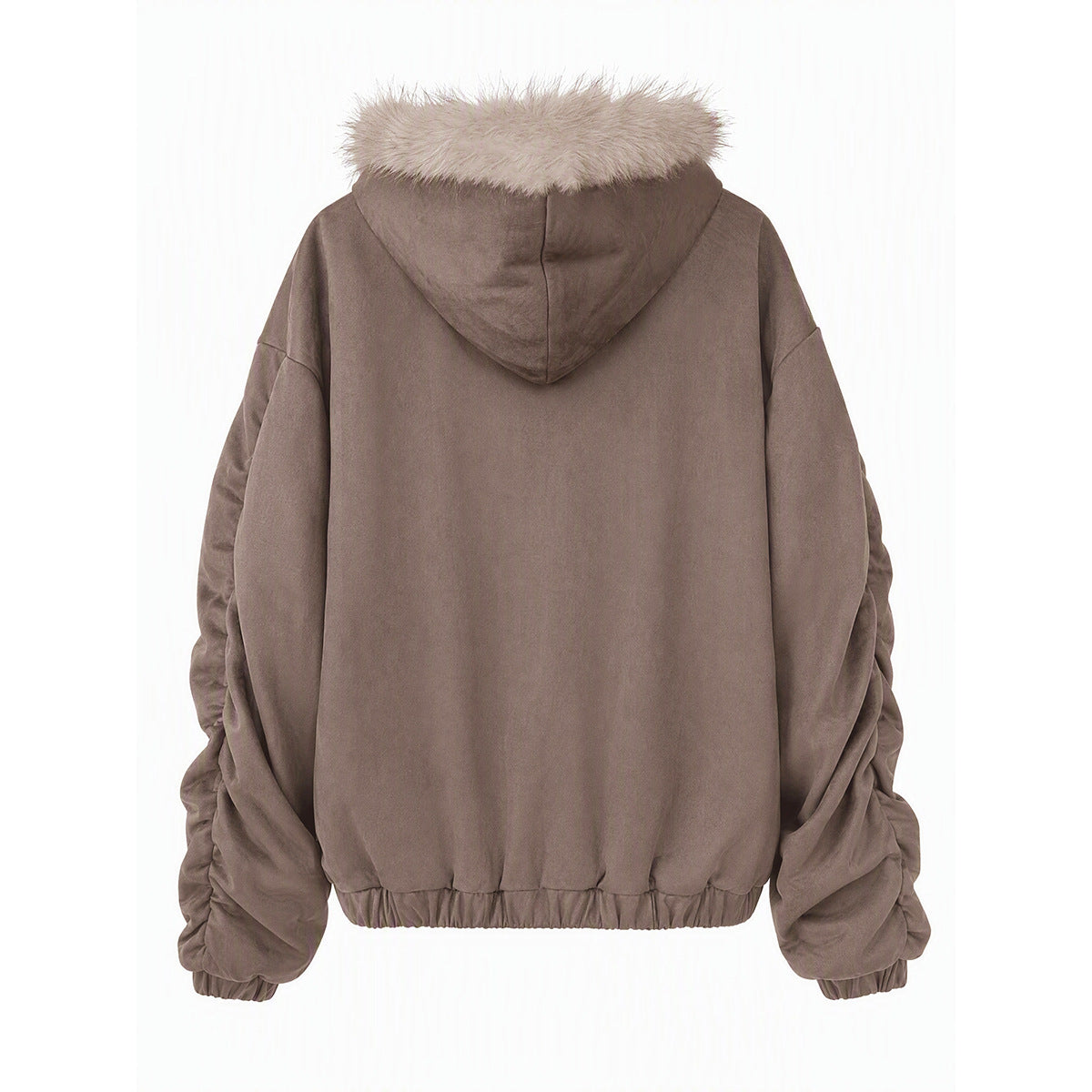 Back view of a taupe hooded jacket with pale faux-fur trim, gathered cuffs, and an elasticized hem.