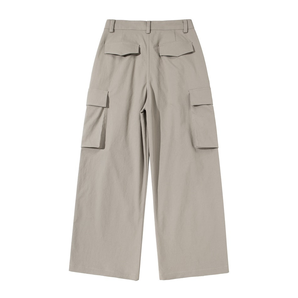 Back view of light khaki-gray wide-leg cargo pants with two flap back pockets and side cargo pockets