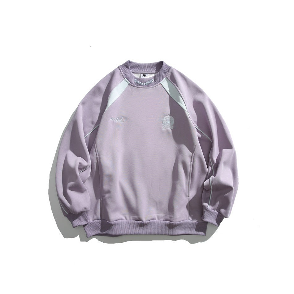 Light purple crewneck sweatshirt with white raglan shoulder panels, sleeve piping, embroidered chest crest and ribbed trims