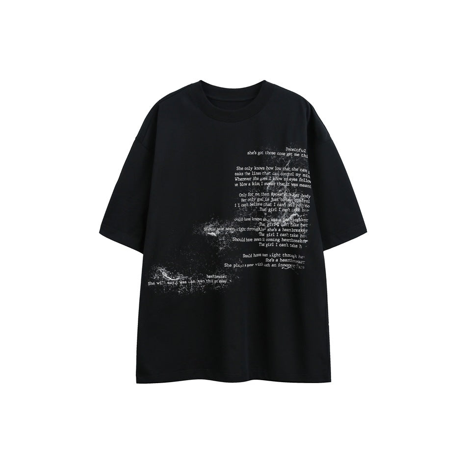 Black short-sleeve crew-neck T-shirt with white distressed typewriter-style lyric text print on the front, flat lay