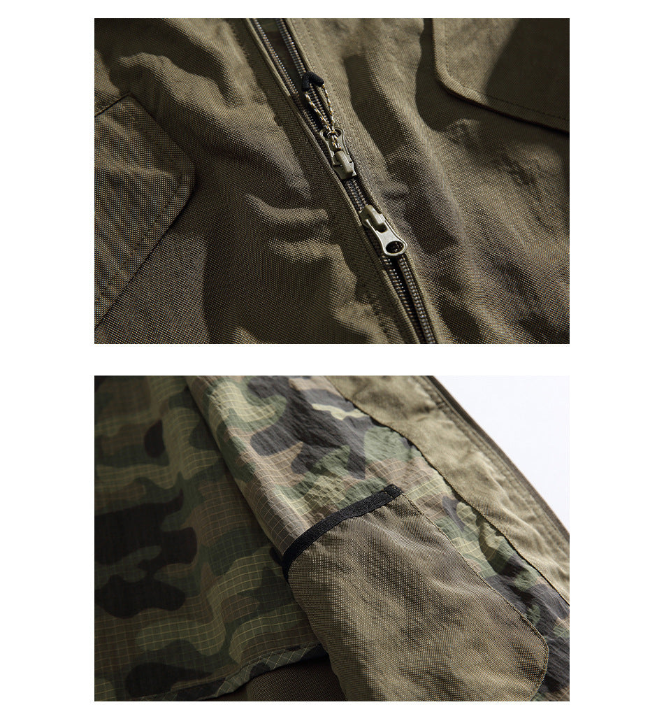 Close-ups of an olive jacket showing a front zipper and a camouflage-lined section with a reinforced panel.