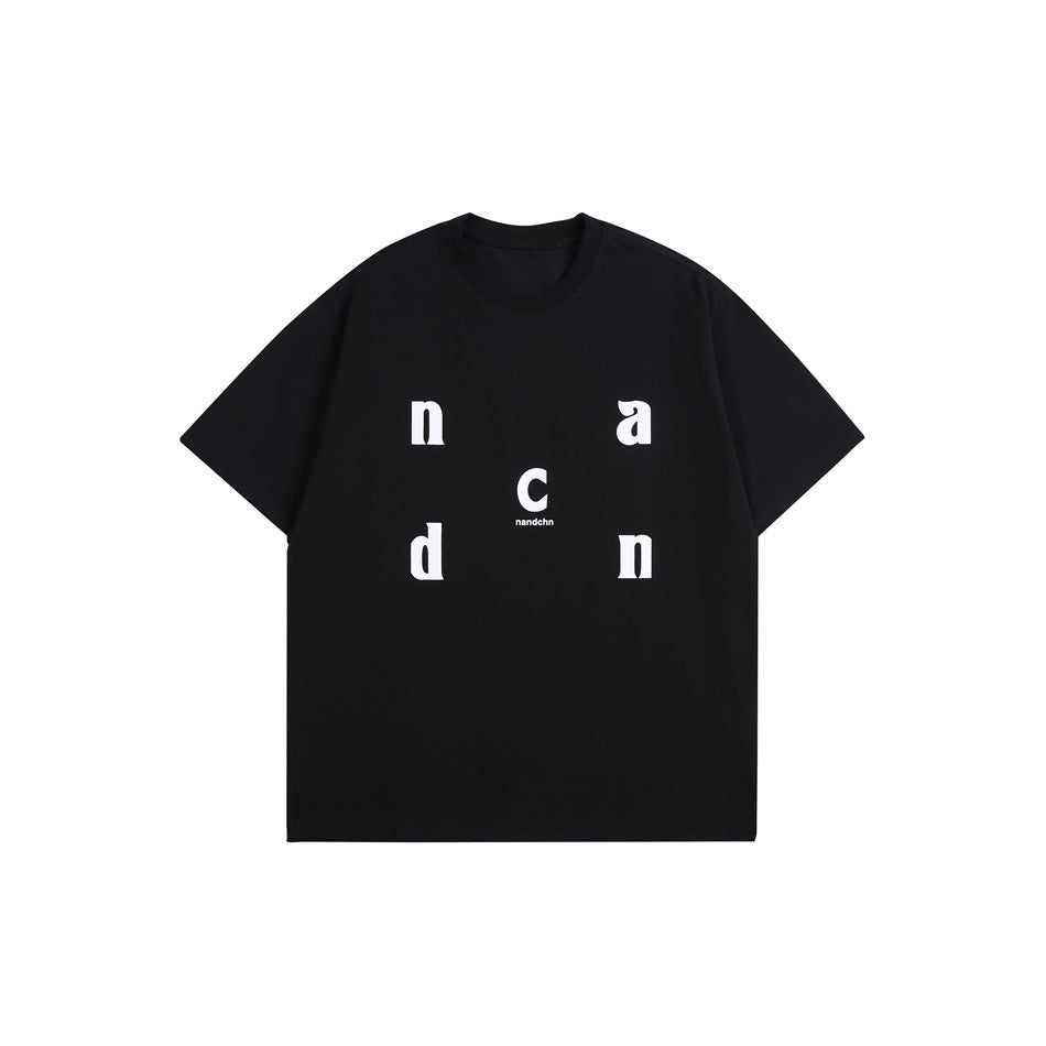 Black short-sleeve crew-neck T-shirt with scattered white lowercase letter print on the front