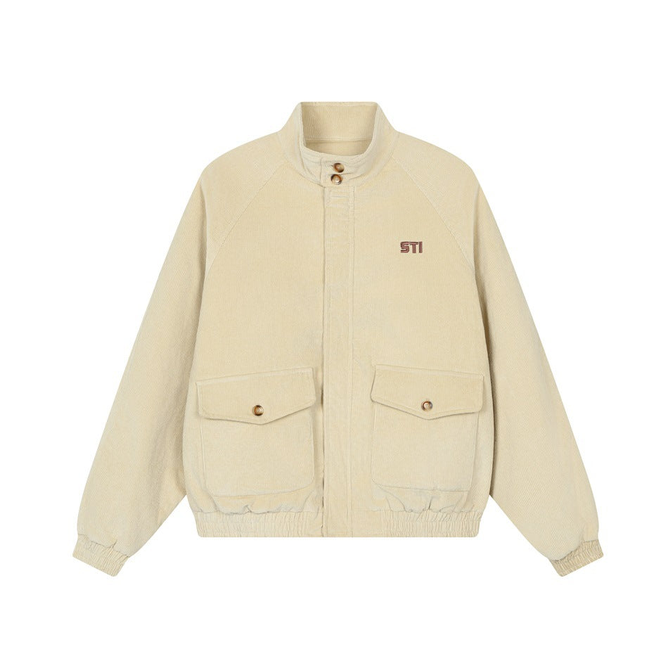 Khaki corduroy stand-collar jacket with two flap pockets, elastic hem and cuffs, flat front view