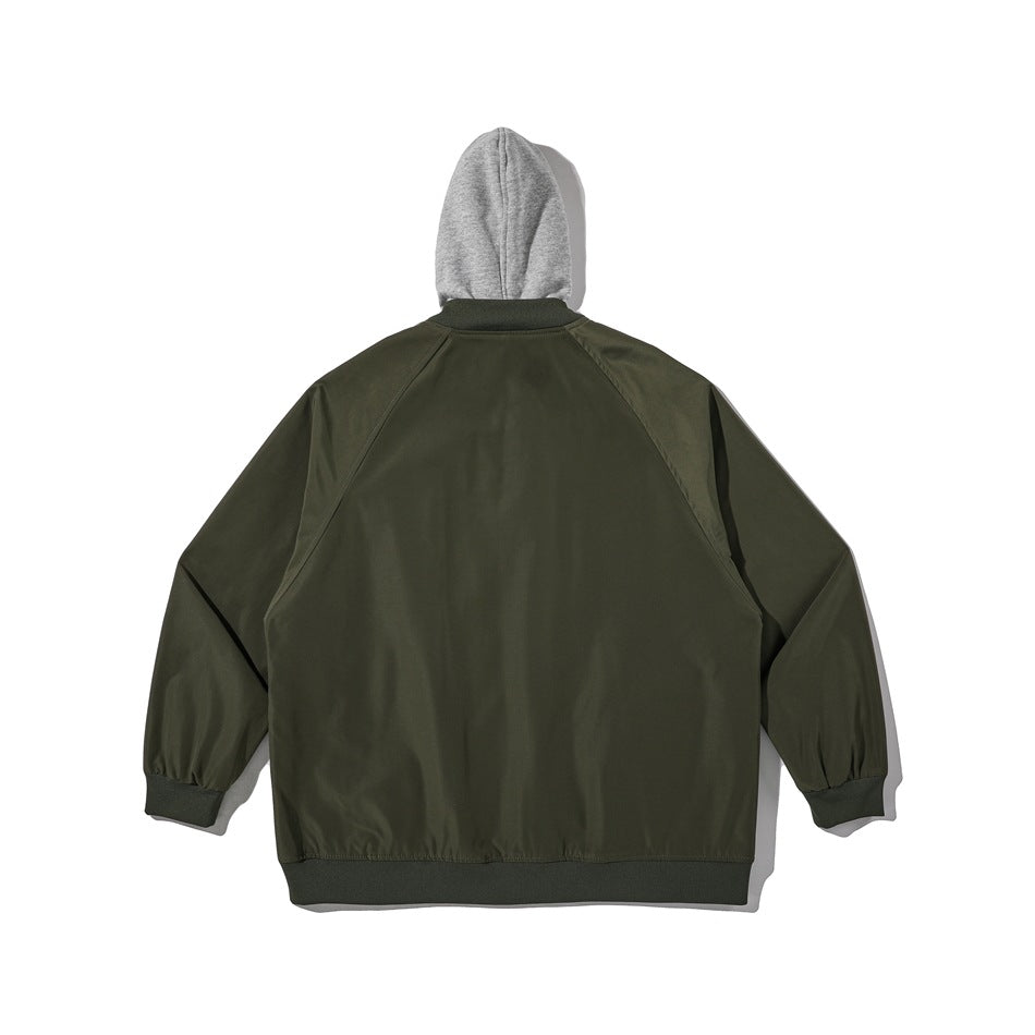 Back view of an olive jacket with gray hood, raglan sleeves, and dark ribbed cuffs and hem.