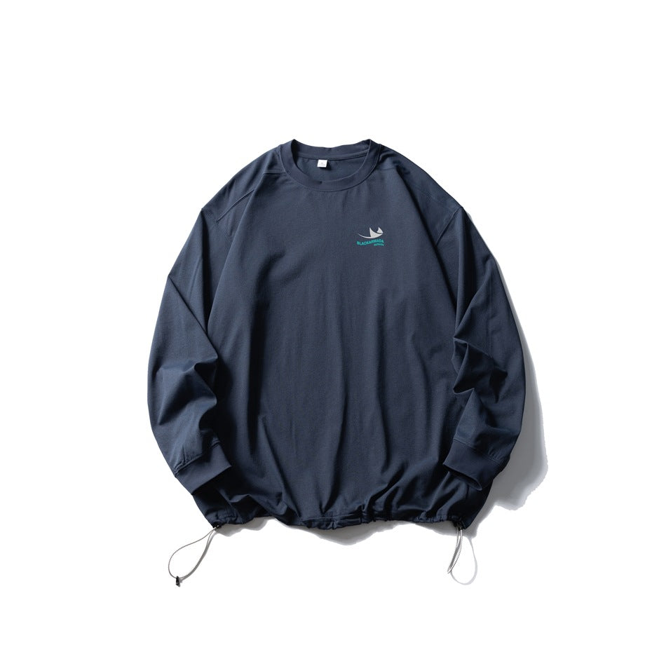 Navy blue long-sleeve crew-neck top flat lay with drawstring hem and small chest print
