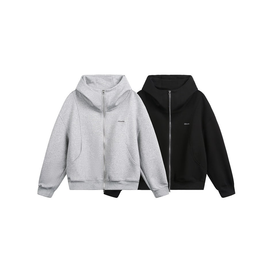 Two zip-up hooded jackets with front pockets, shown in light gray and black.