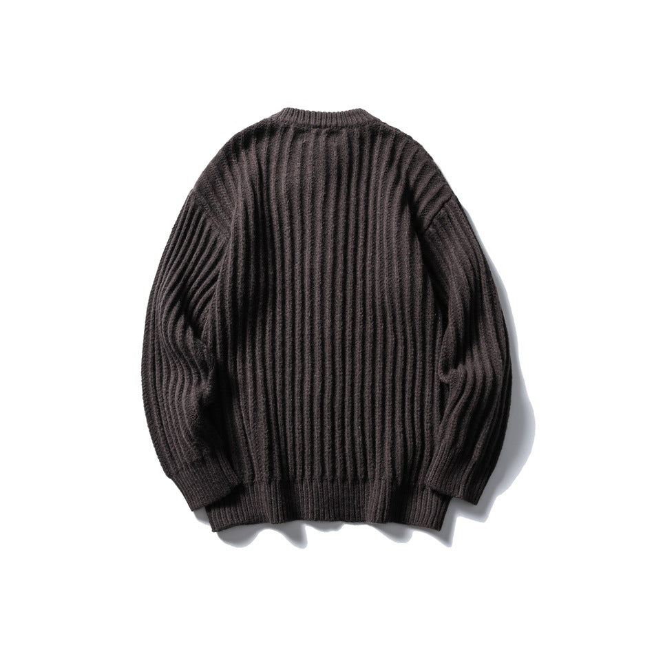 Dark brown ribbed knit cardigan, laid flat, back view with crew neck and ribbed hem