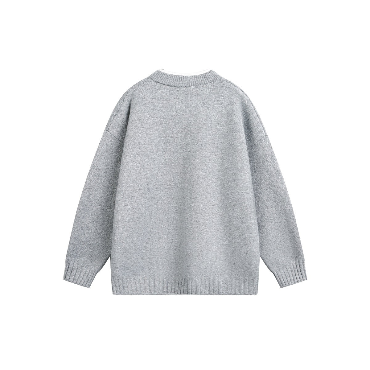 Light gray sweater shown from the back on a white background, with a ribbed collar, cuffs, and hem.
