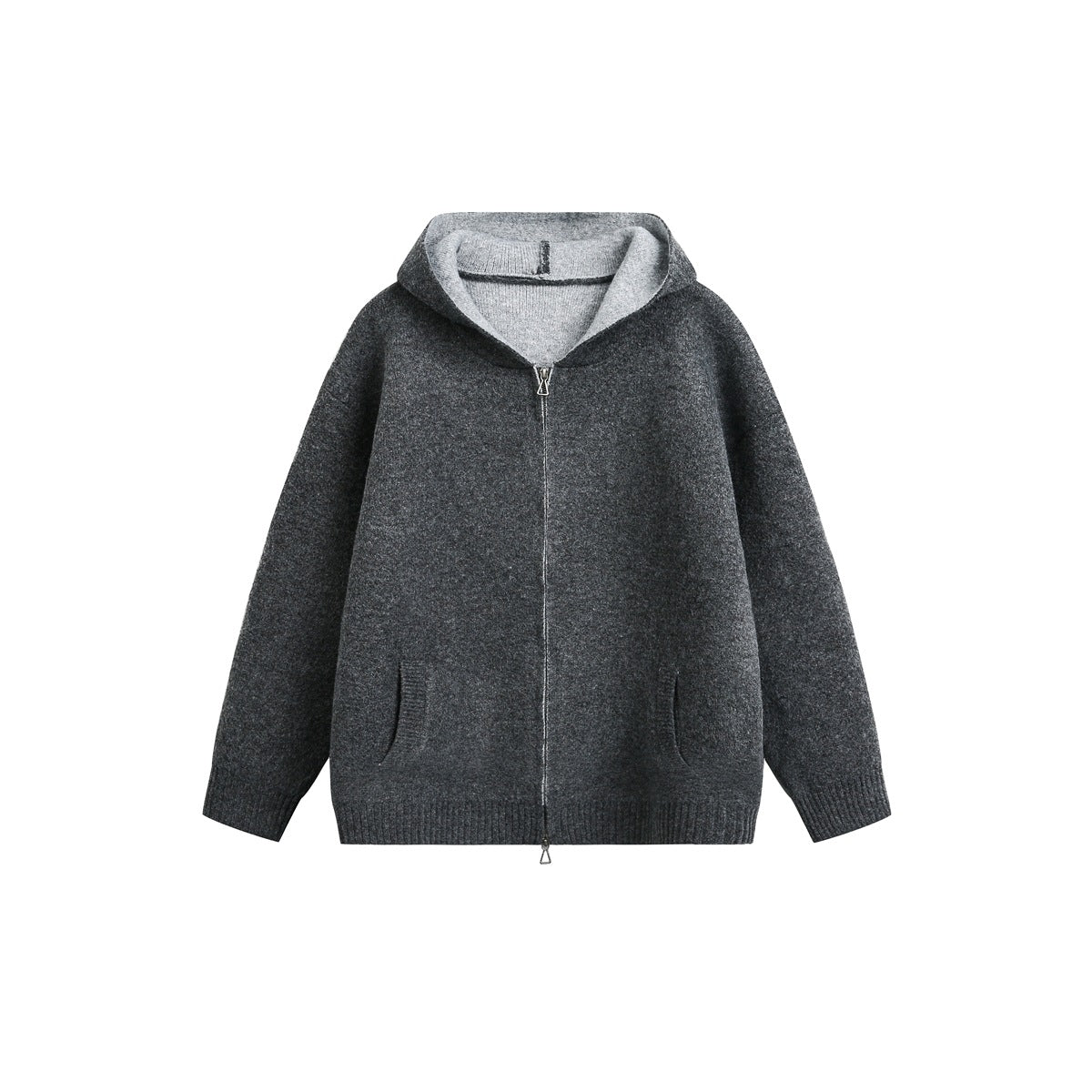 Dark gray knit zip-up hooded jacket, flat front view with light gray hood interior, ribbed cuffs and hem, and front pockets