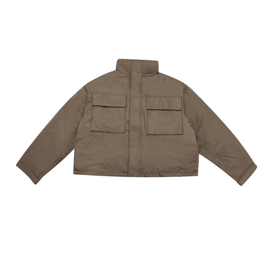 Brown cropped stand-collar jacket with two large flap chest pockets, flat lay front view