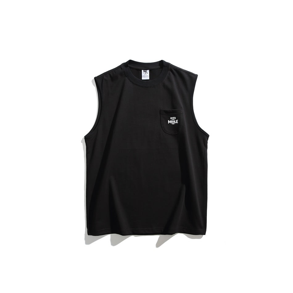 Black sleeveless crew-neck shirt with a small printed chest pocket, shown flat against a white background.
