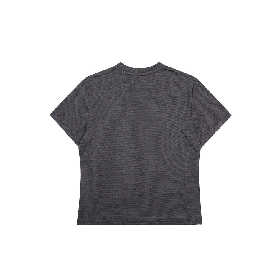 Flat view of the back of a dark charcoal short-sleeve shirt with raglan-style panel seams.