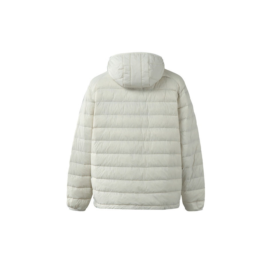 Ivory hooded puffer jacket shown from the back, with horizontal quilting and long sleeves.
