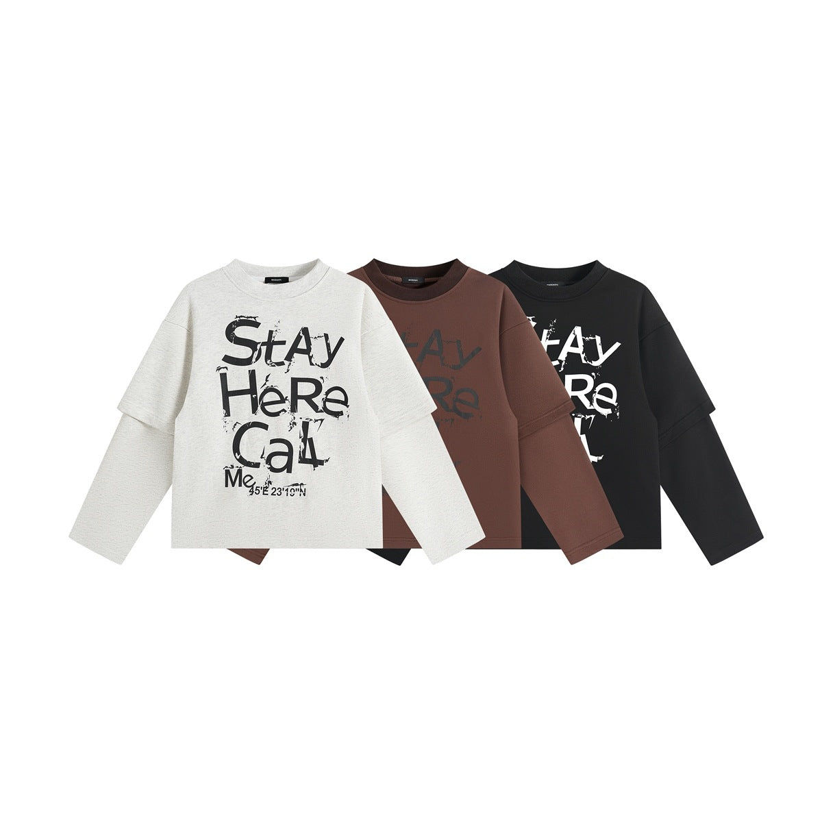 Three long-sleeve crewneck shirts in off-white, brown, and black, each with large distressed text graphics.