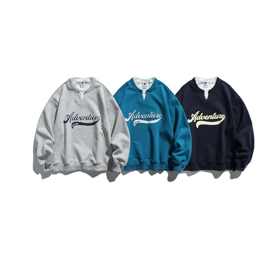 Three front-view sweatshirts in heather gray, teal, and navy, each with an “Adventure” chest graphic.