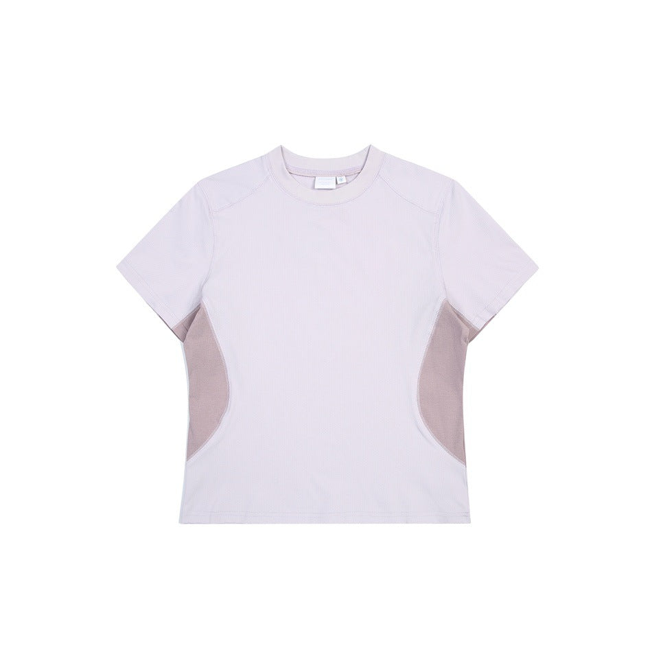Front view of a pale lavender short-sleeve shirt with muted mauve side panels.