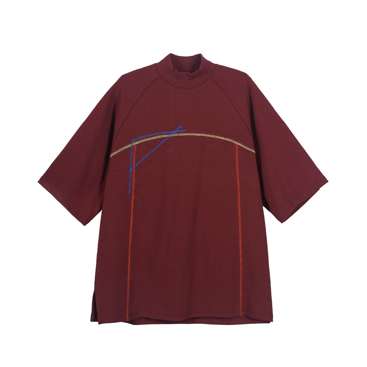 Burgundy mock-neck short-sleeve top with blue, yellow and orange contrast stitching on the front, flat view