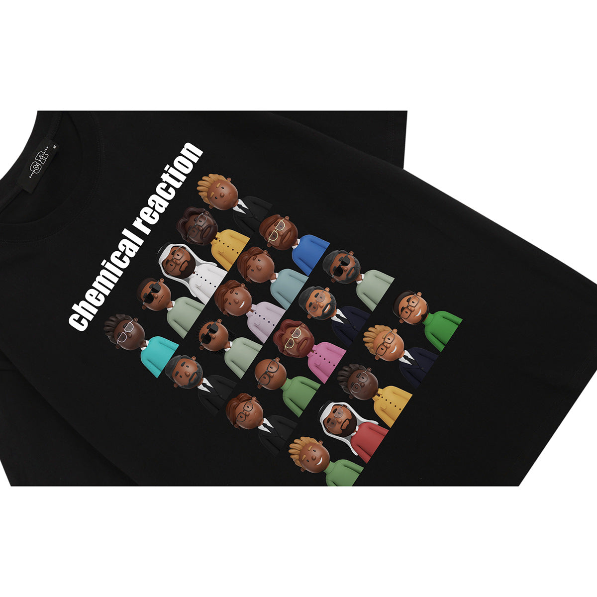 Angled flat lay of a black T-shirt with white “chemical reaction” text and a colorful grid of illustrated people.
