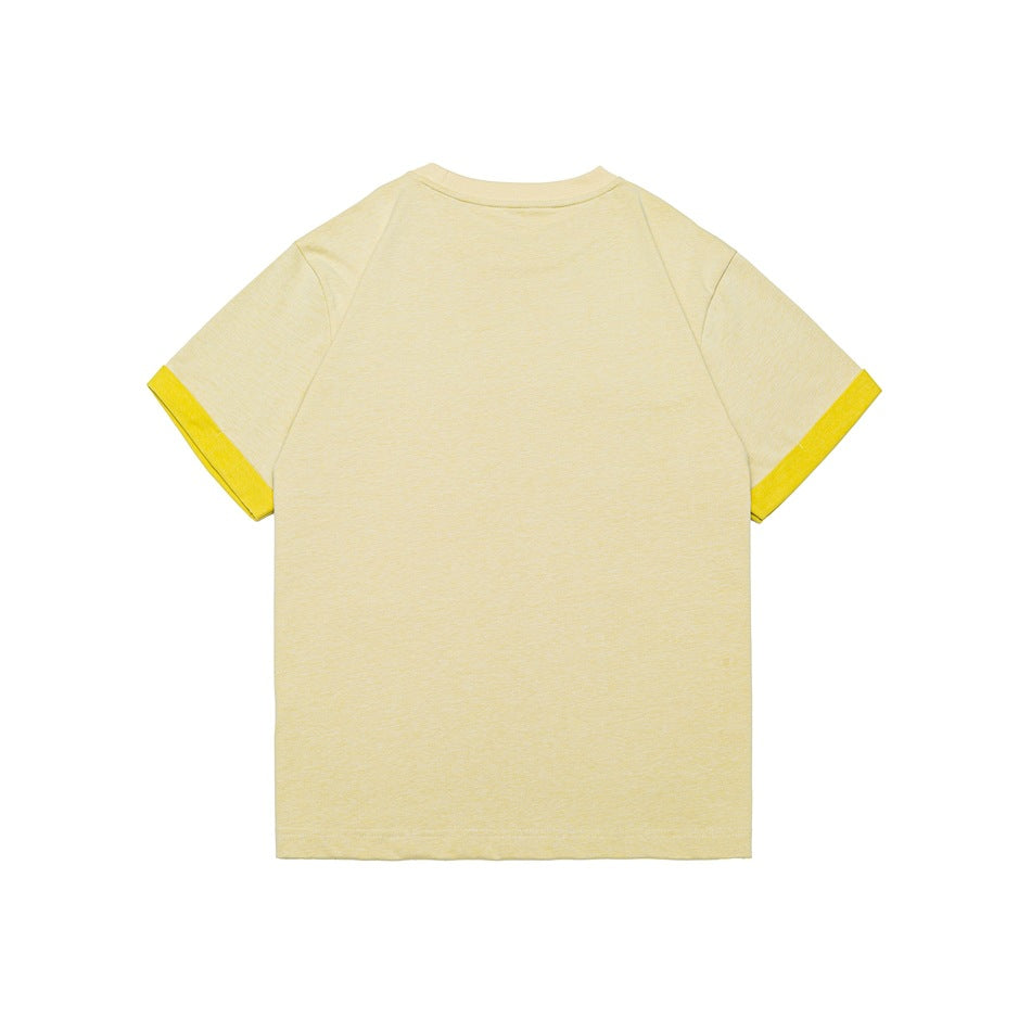 Back view of a pale yellow short-sleeve T-shirt with bright yellow sleeve cuffs.
