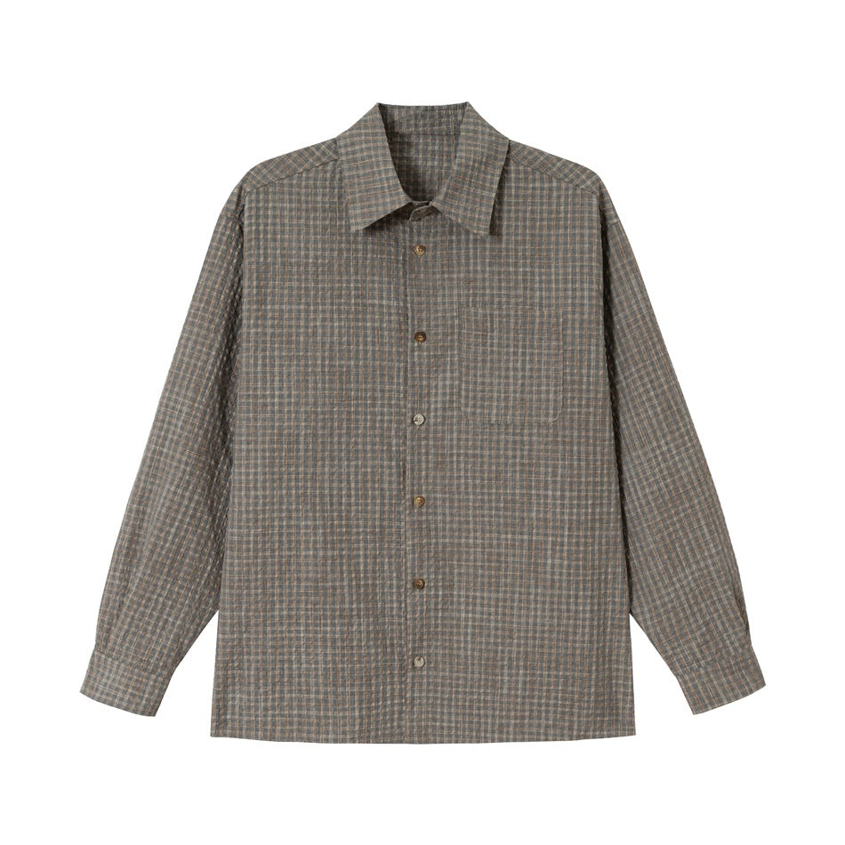 Gray plaid long-sleeve button-up shirt with pointed collar and chest pocket, front flat lay
