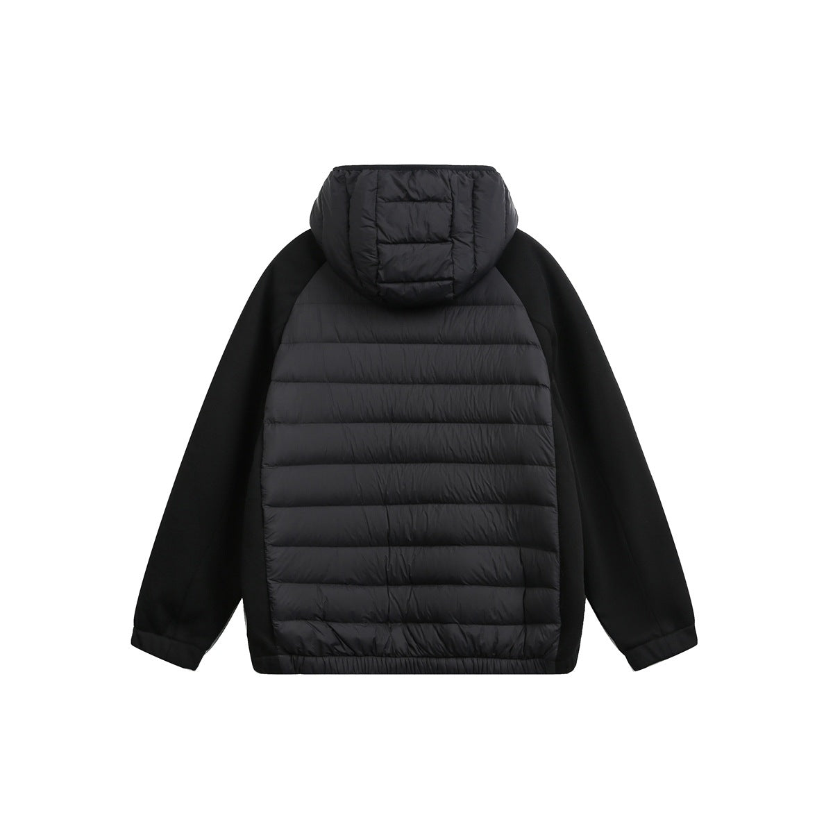 Back view of a black hooded jacket with a horizontally quilted padded body and solid sleeves.