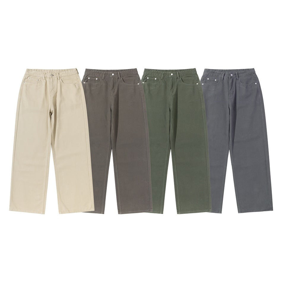 Four pairs of loose straight-leg pants shown from the front in beige, brown, olive, and charcoal gray.