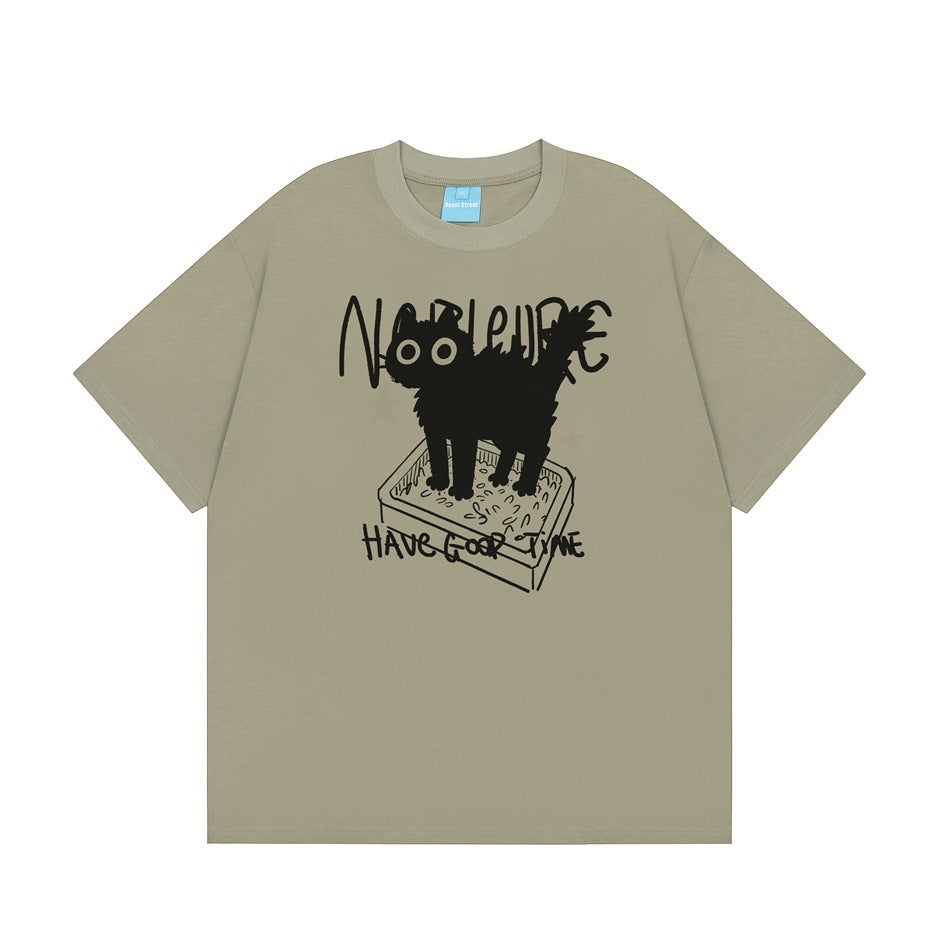 Sage gray-green short-sleeve T-shirt with black cat in litter box graphic and handwritten lettering, front view