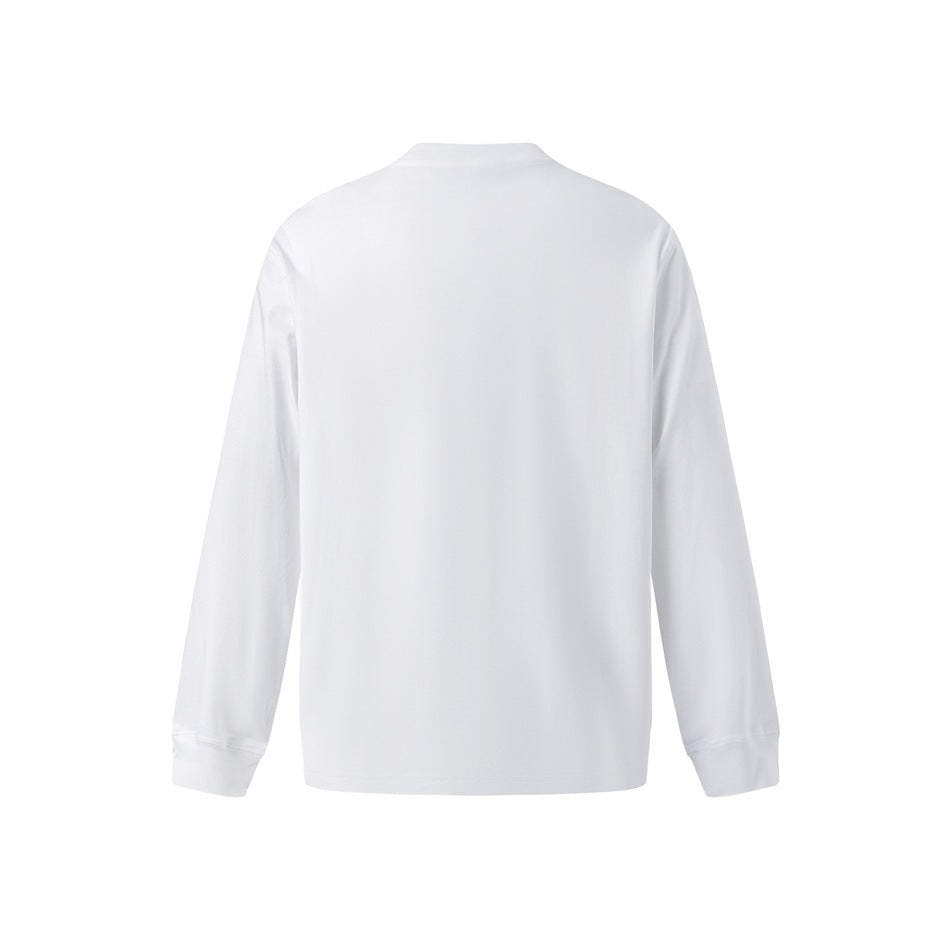 Plain white long-sleeve crew-neck shirt shown from the back against a white background.