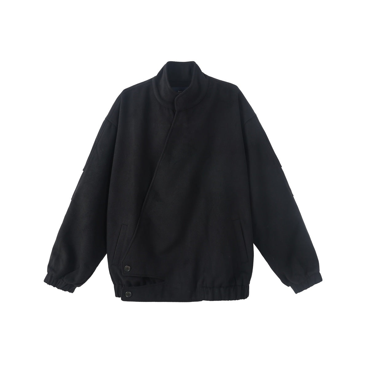 Black stand-collar jacket with diagonal front closure, lower buttons, slanted pockets and elastic cuffs and hem, flat lay