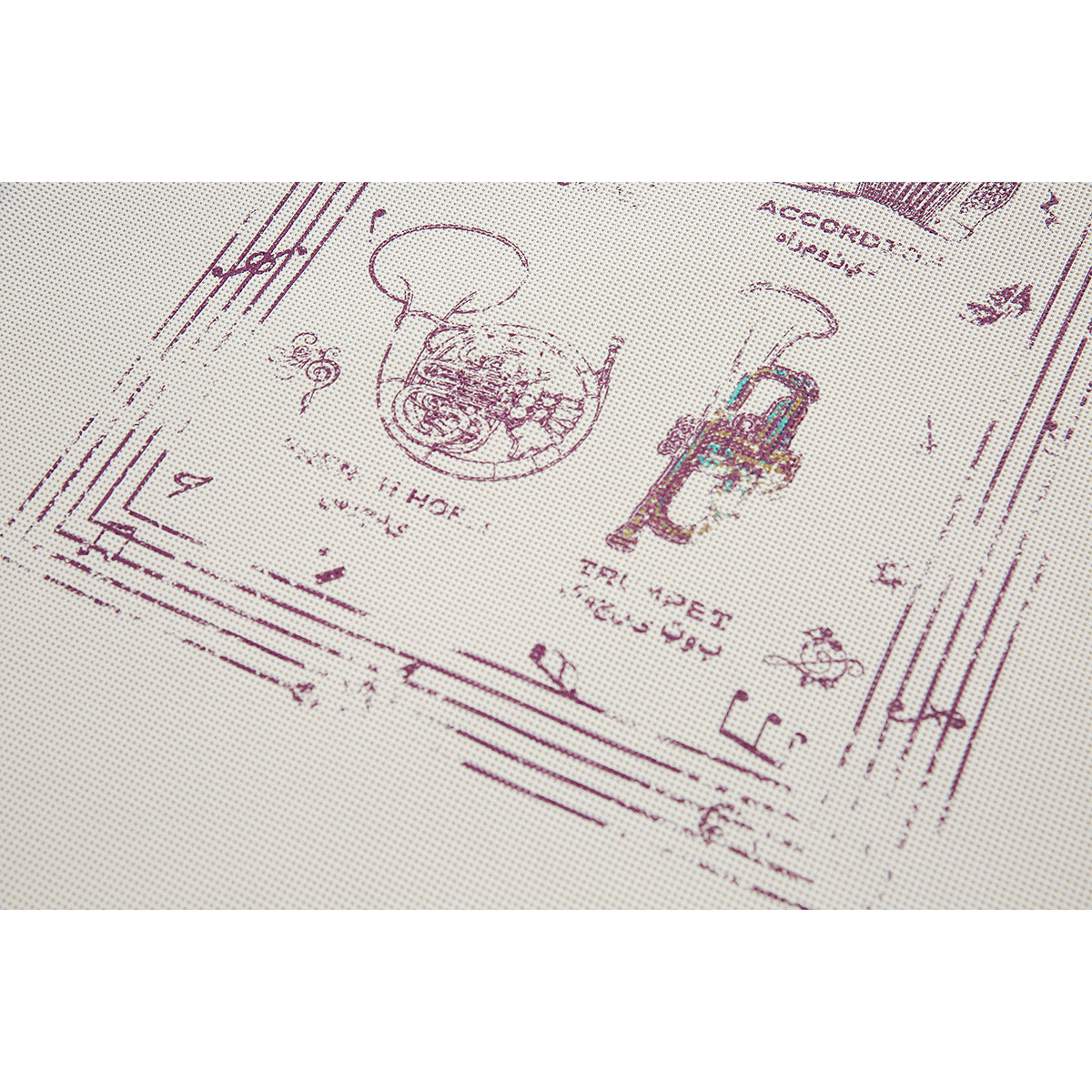 Close-up of an ivory waffle-knit garment with a burgundy vintage-style musical instrument print.