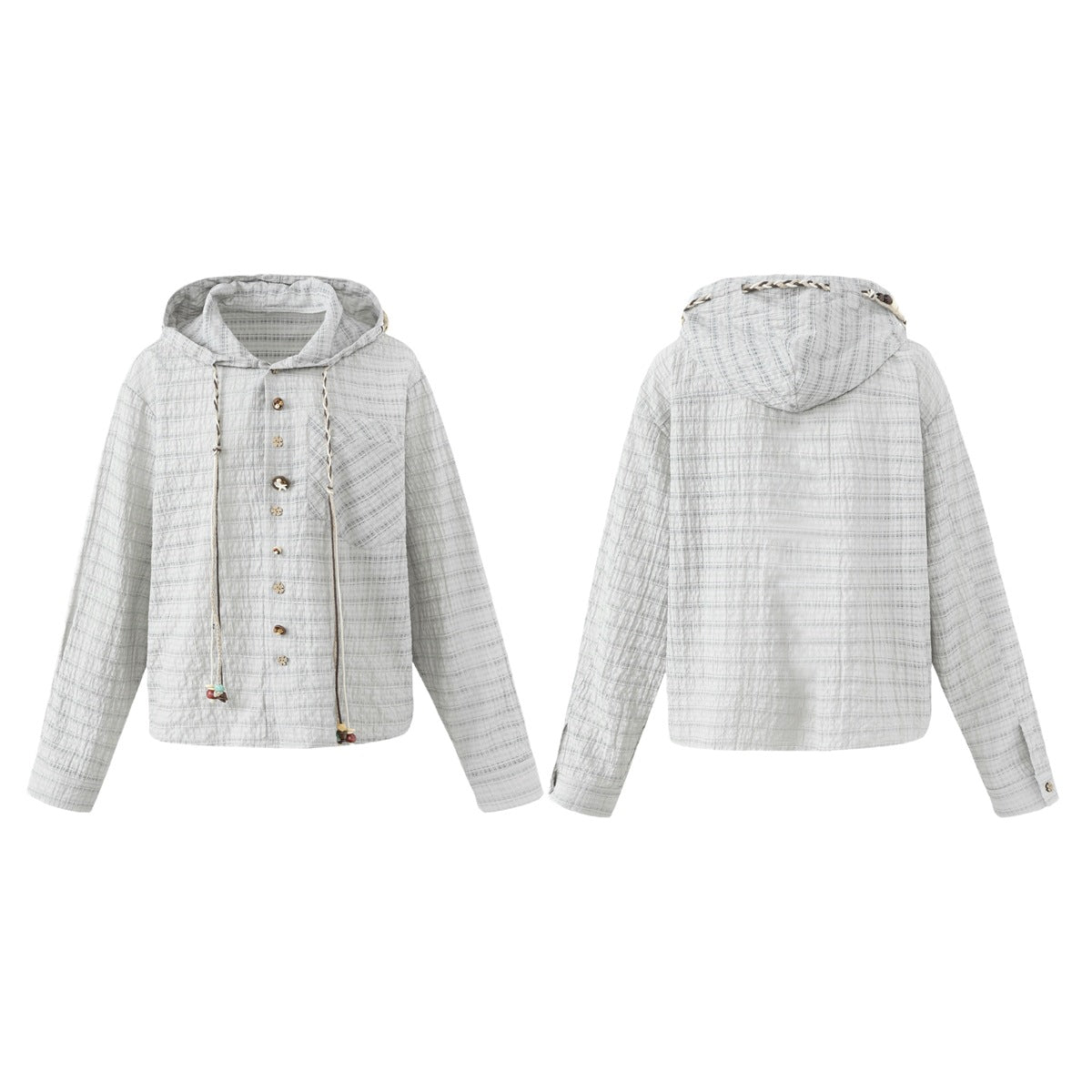 Light gray plaid hooded jacket shown from the front and back, with long drawstrings and decorative buttons.