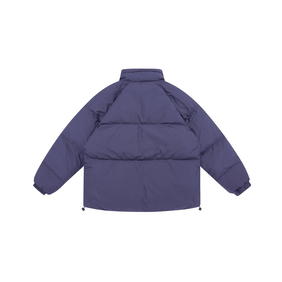 Rear view of a dark purple puffer jacket with a raised collar, quilted sleeves and adjustable hem.