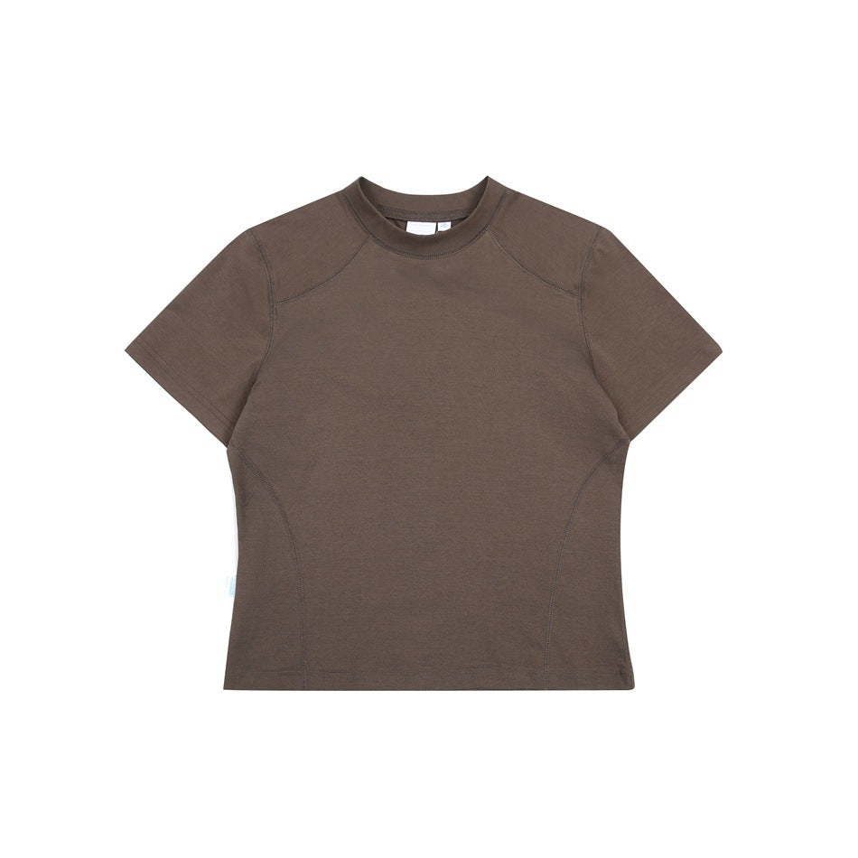 Brown short-sleeve crew-neck T-shirt with raglan seams and curved side seams, flat lay front view
