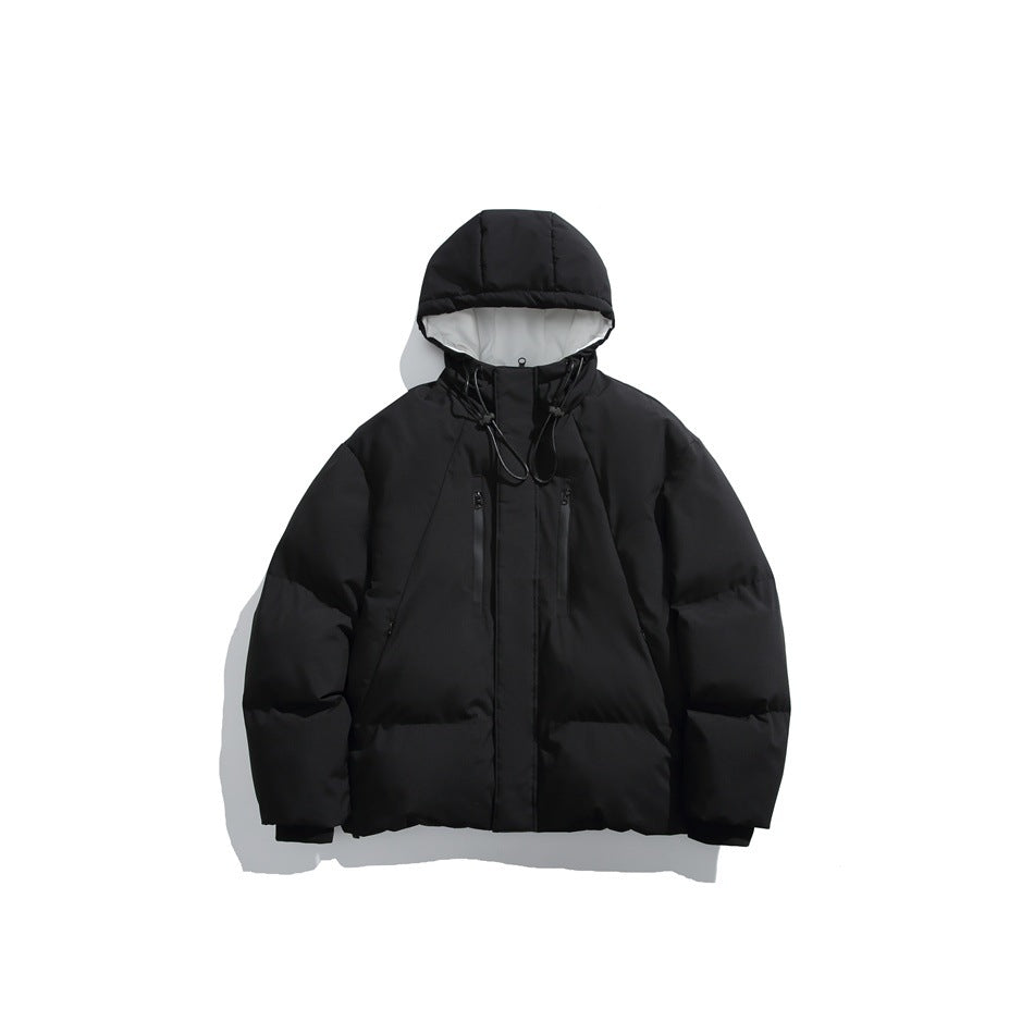 Black hooded puffer jacket flat lay with white hood lining, drawcords and zip chest pockets