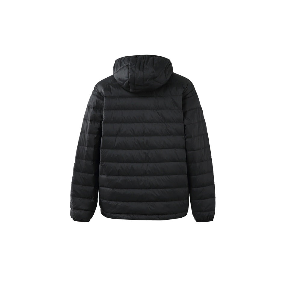 Black hooded puffer jacket shown from the back, with horizontal quilting and long sleeves.